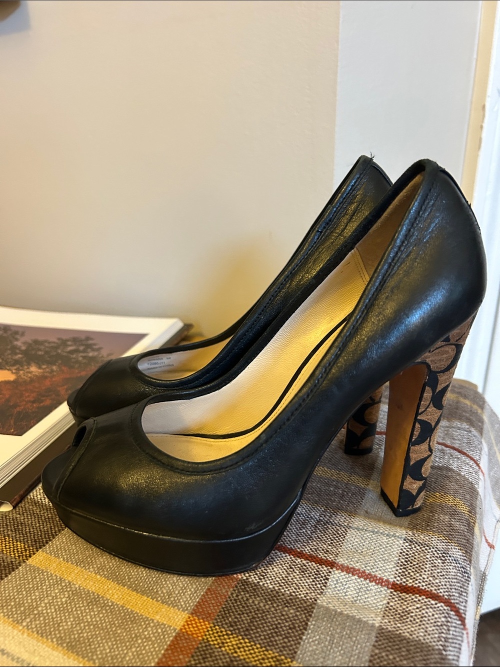 Coach Black Leather Peep-Toe Pumps with Signature Patterned Heel